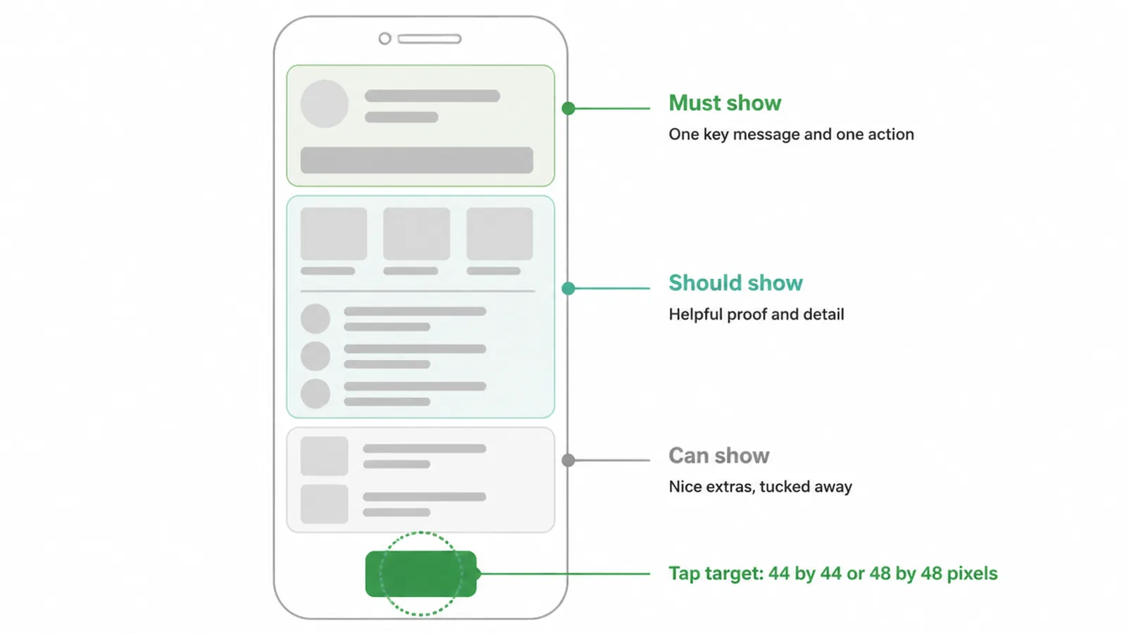 A phone layout split into must show, should show and can show zones with a big tap target.