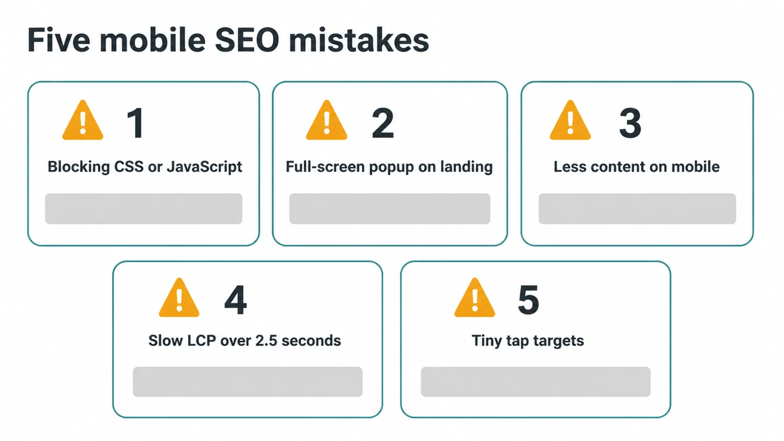 Five numbered cards listing the most common mobile SEO mistakes to check for and fix.