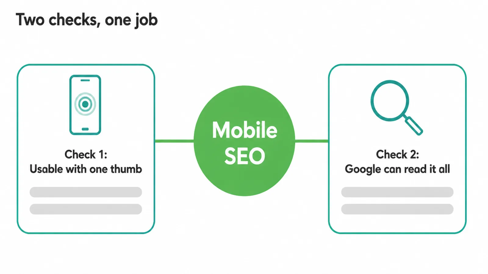 Diagram showing mobile SEO as two checks: usable with one thumb and readable by Google.