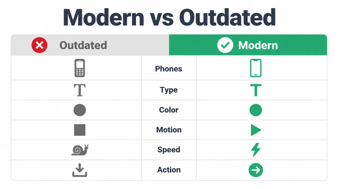 A chart comparing outdated and modern websites across phones, type, color, motion, speed, and action.