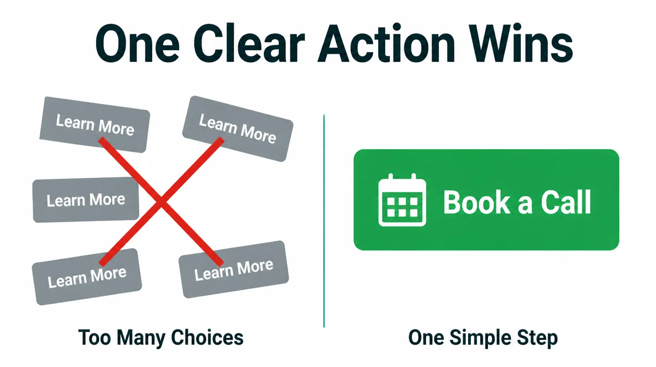 A comparison graphic showing five competing buttons crossed out next to one clear primary call to action button.