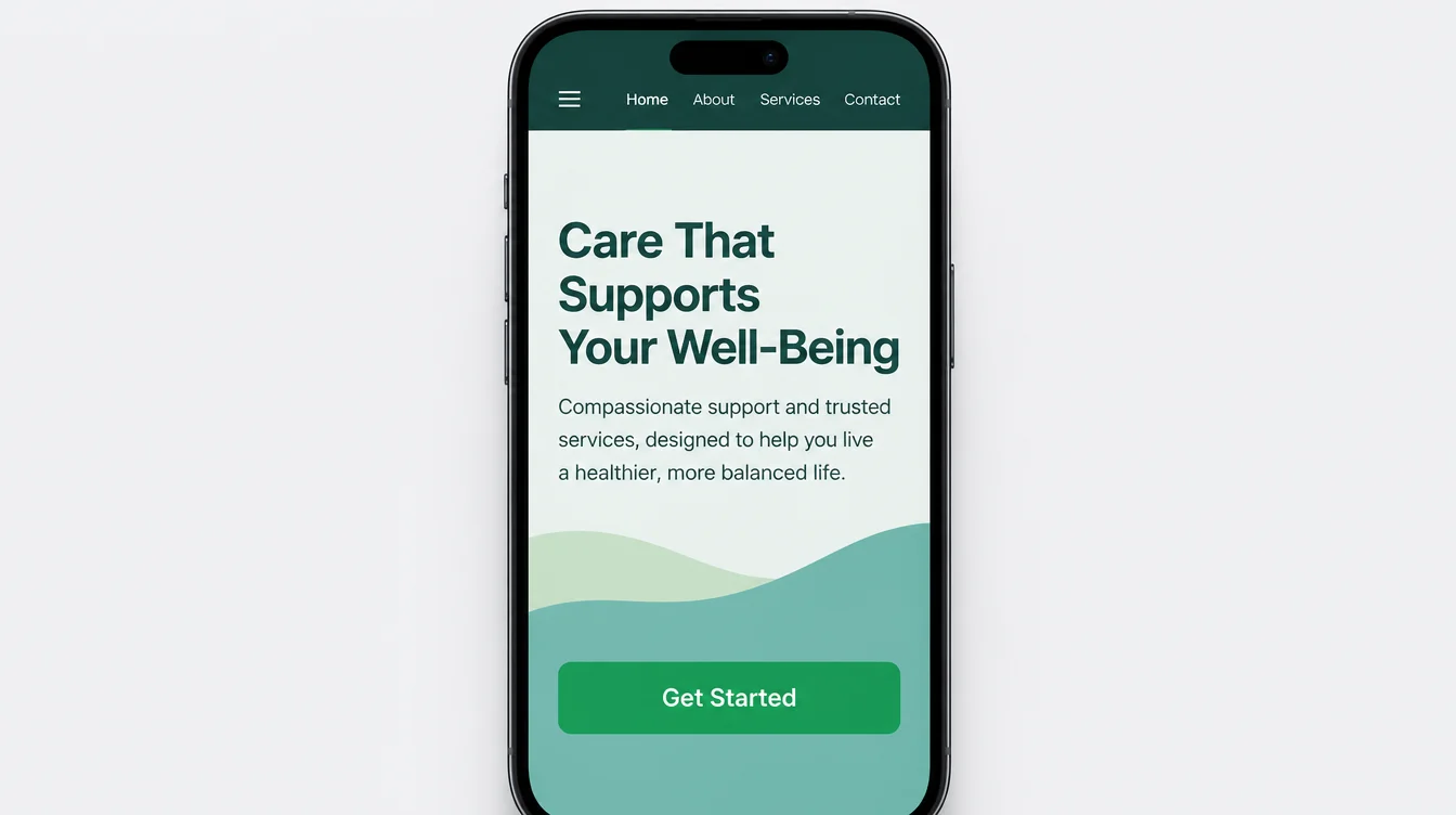 A mobile website mockup showing a single column layout with a large button placed within easy thumb reach.