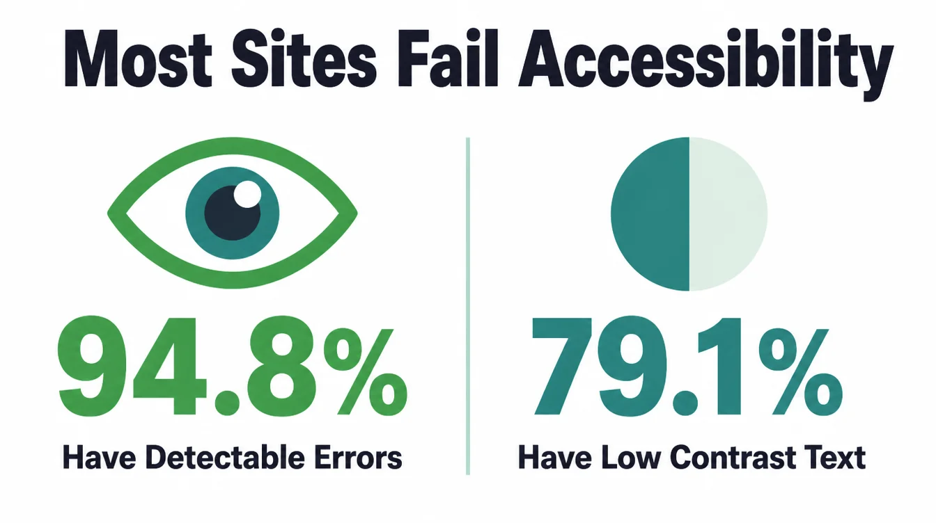 An infographic showing 94.8% of home pages have detectable accessibility errors and 79.1% have low contrast text.