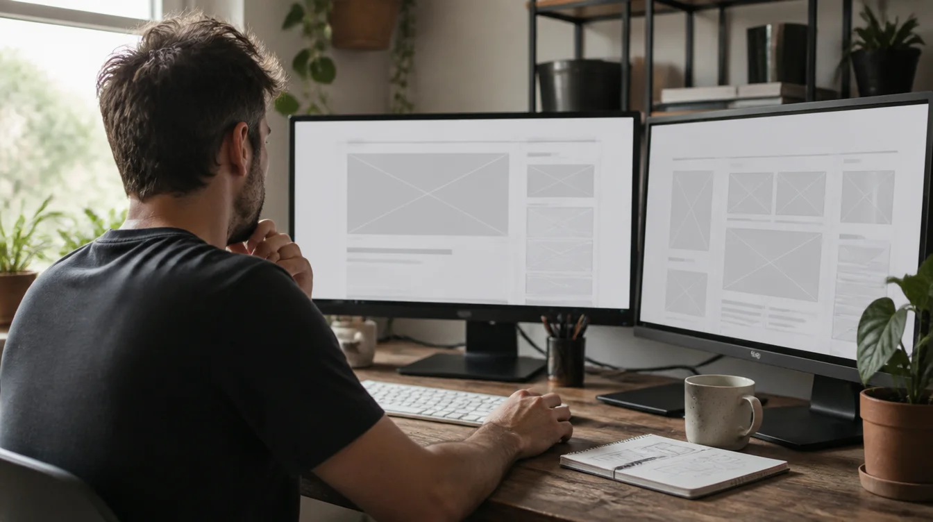A web designer at a desk reviewing simple website layouts on two monitors during a redesign.