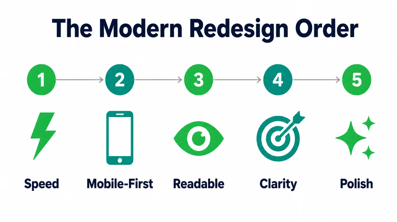 An infographic showing the modern redesign order as five numbered steps