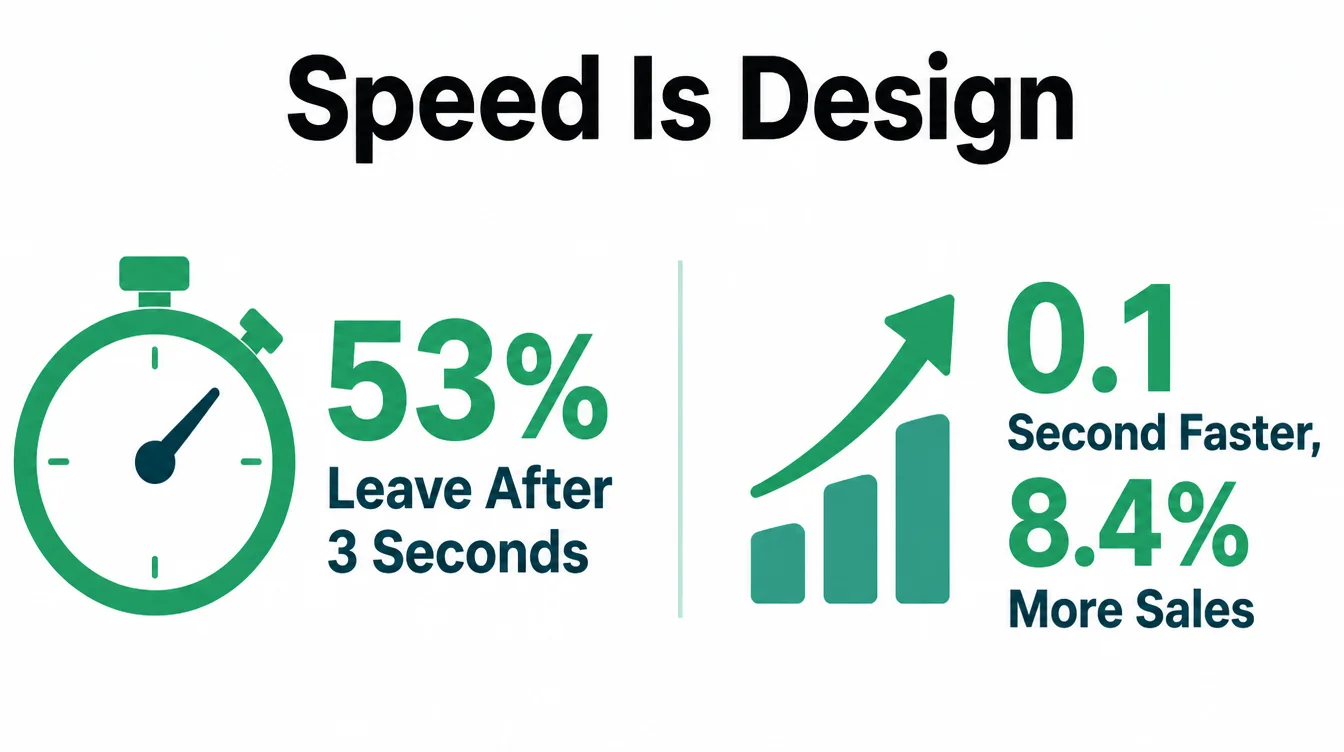 An infographic showing that 53% of mobile visitors leave after 3 seconds and a 0.1 second speed gain lifts sales 8.4%.