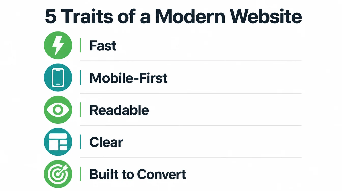 An infographic listing the five traits of a modern website: fast, mobile-first, readable, clear, and built to convert.