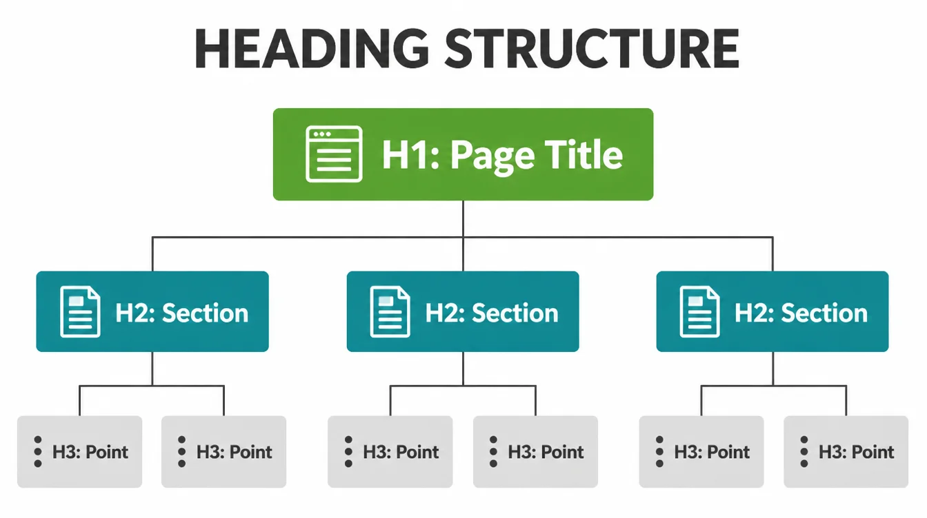 Tree diagram showing one H1 page title branching into H2 sections and then H3 points.