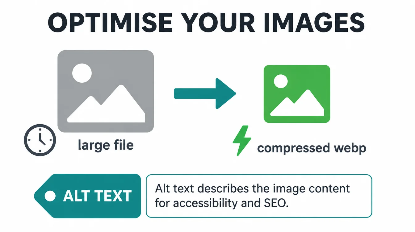 Diagram showing a large image file compressed into a smaller WebP file, plus an alt text tag describing an image.