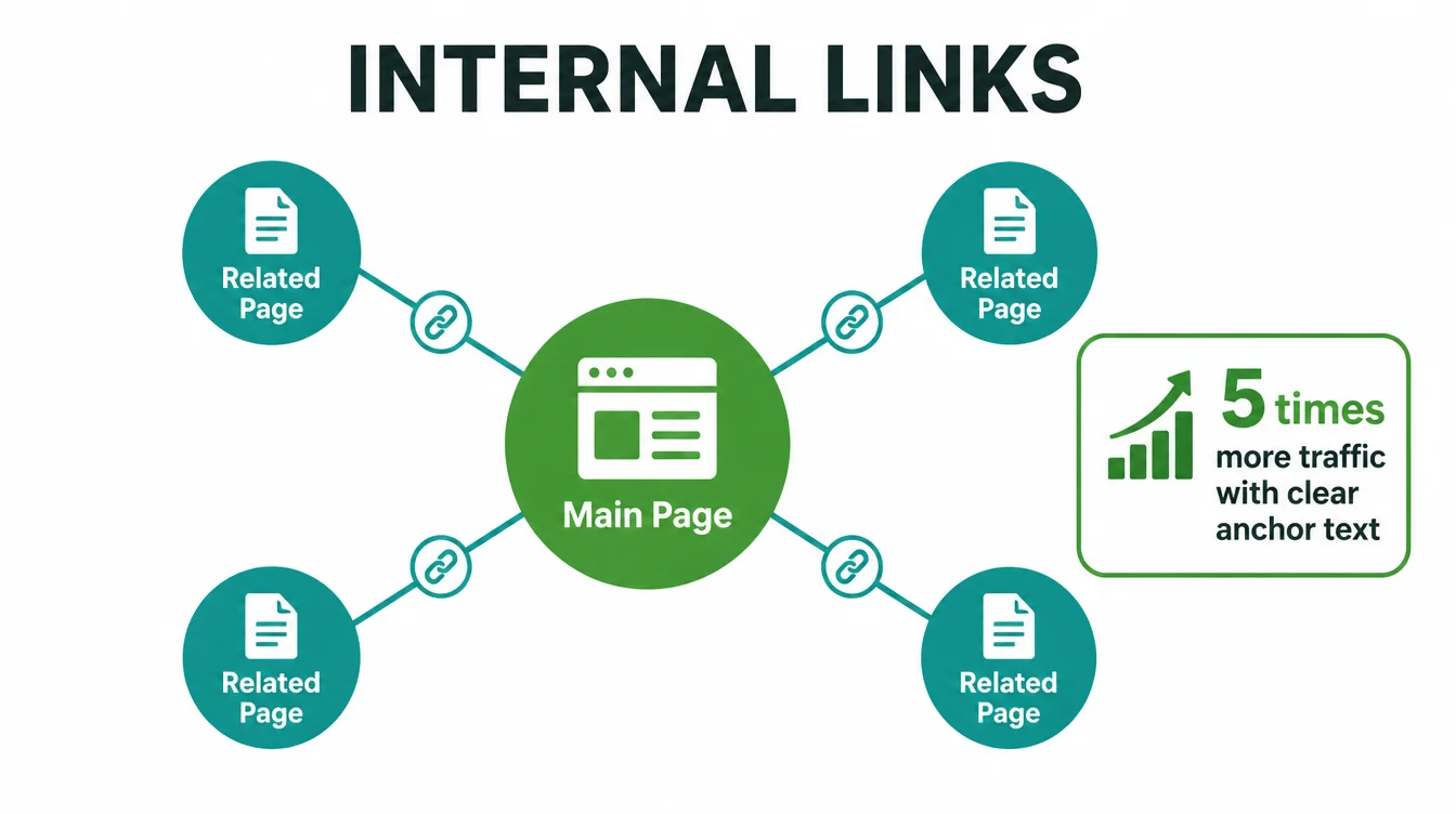Network diagram showing a main page linked to four related pages with descriptive anchor text.