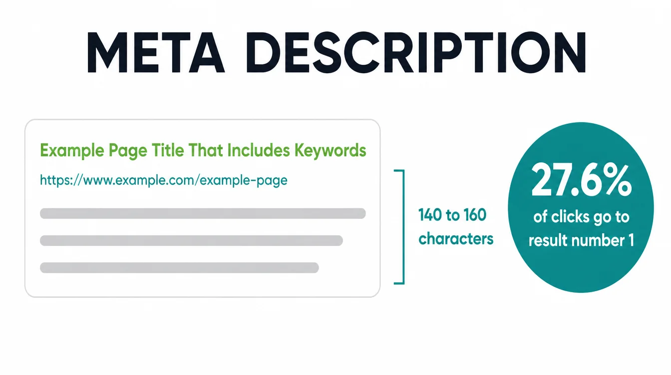 Mock search result showing a meta description sized between 140 and 160 characters next to a click share stat.