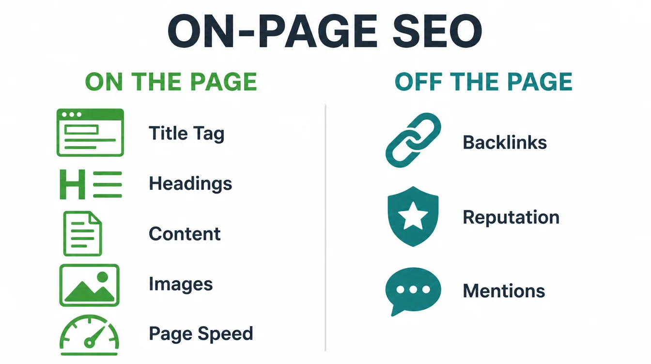 Diagram comparing on-page SEO factors like title tags and content against off-page factors like backlinks and reputation.