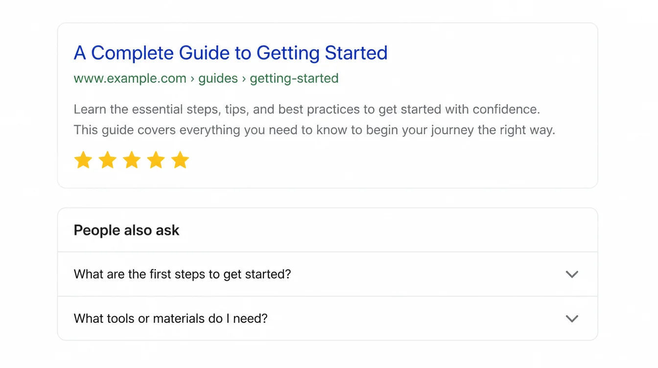 A search result with star ratings and an expandable FAQ dropdown beneath the title and description.