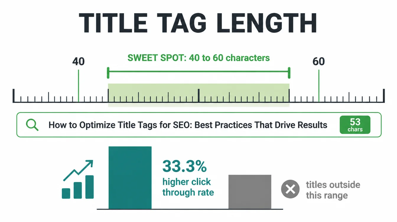 Chart showing the 40 to 60 character sweet spot for title tags and the click-through rate lift it earns.