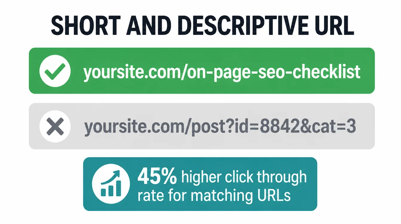 Comparison of a clean, readable URL against a cluttered URL full of codes and parameters.