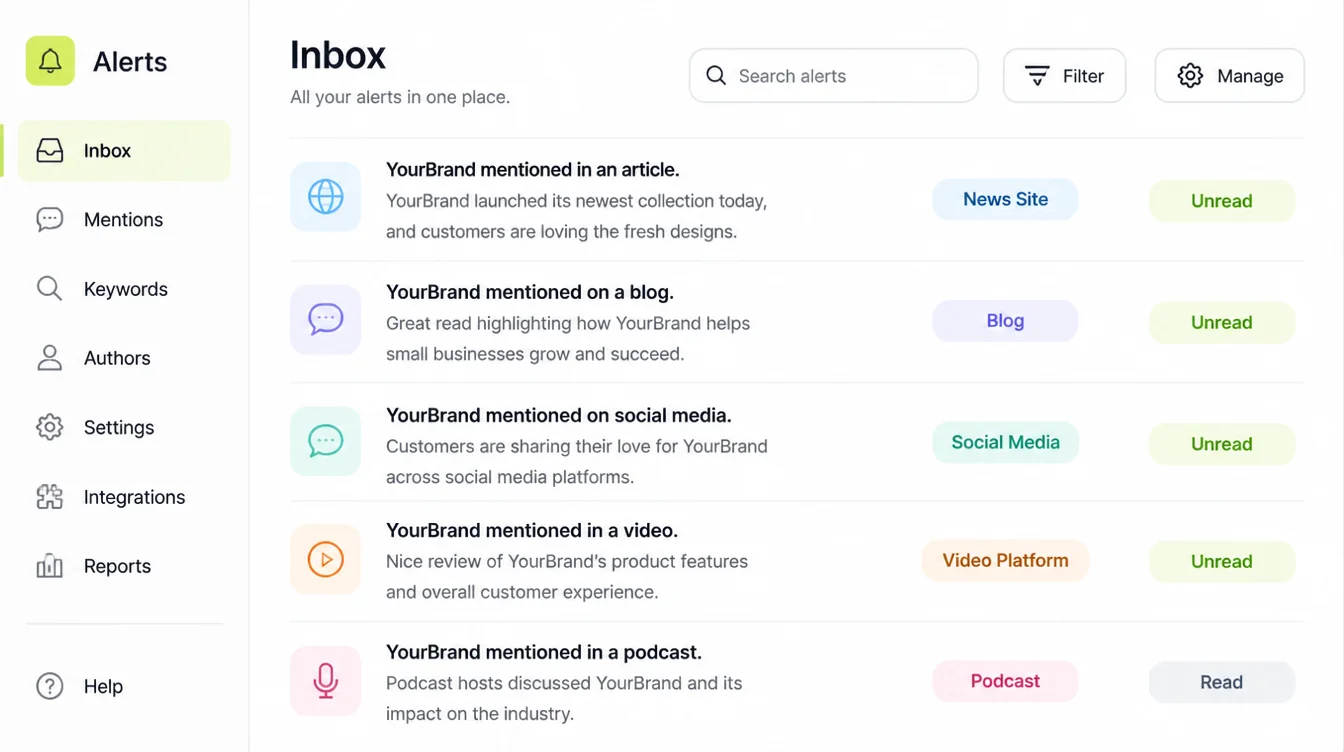An alerts inbox screen listing brand mention rows each with a source label and a read status