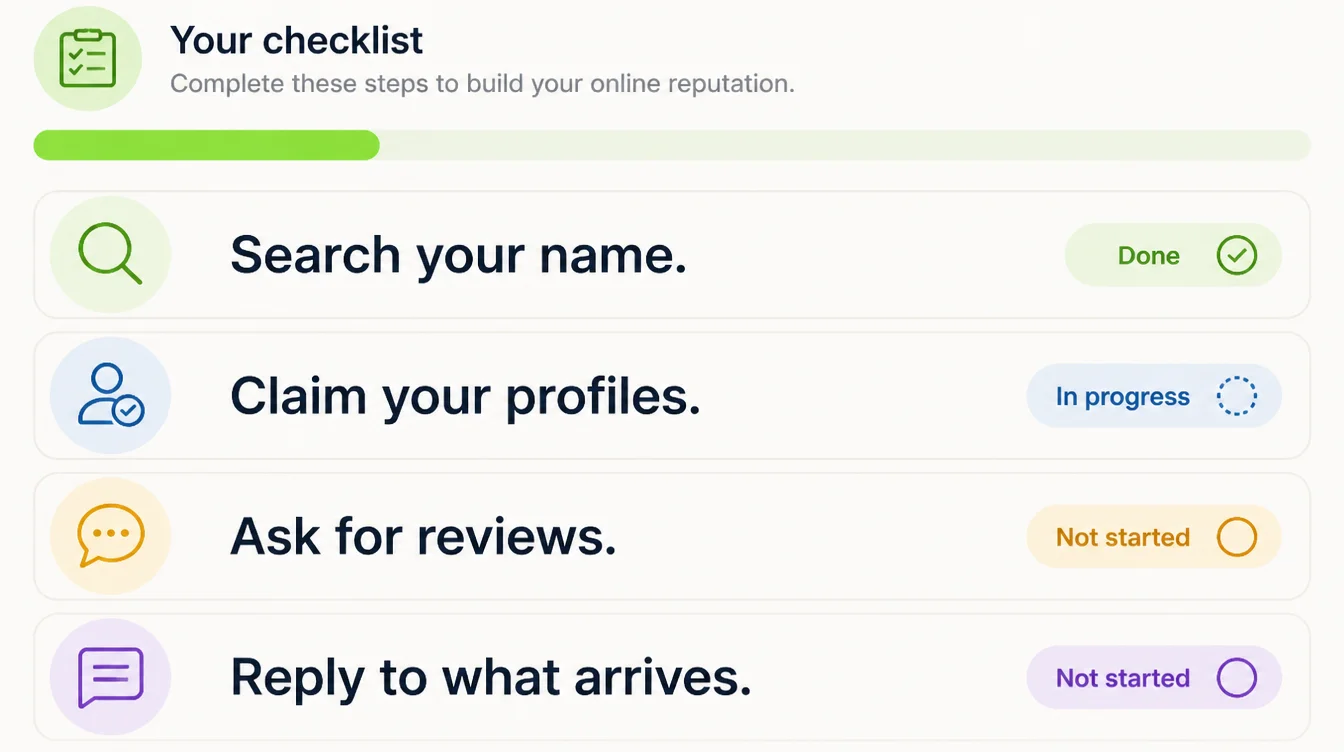 A checklist screen with four steps reading Search your name, Claim your profiles, Ask for reviews, Reply to what arrives