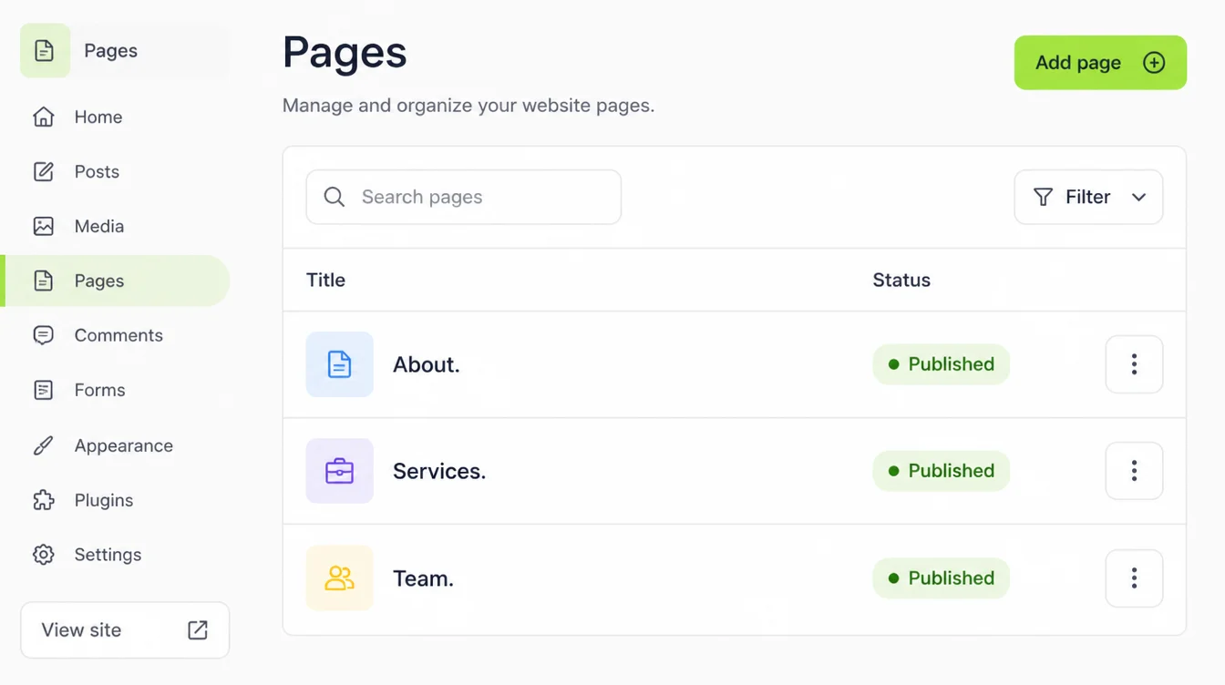 A site pages list showing an about page, a services page and a team page, each marked as published
