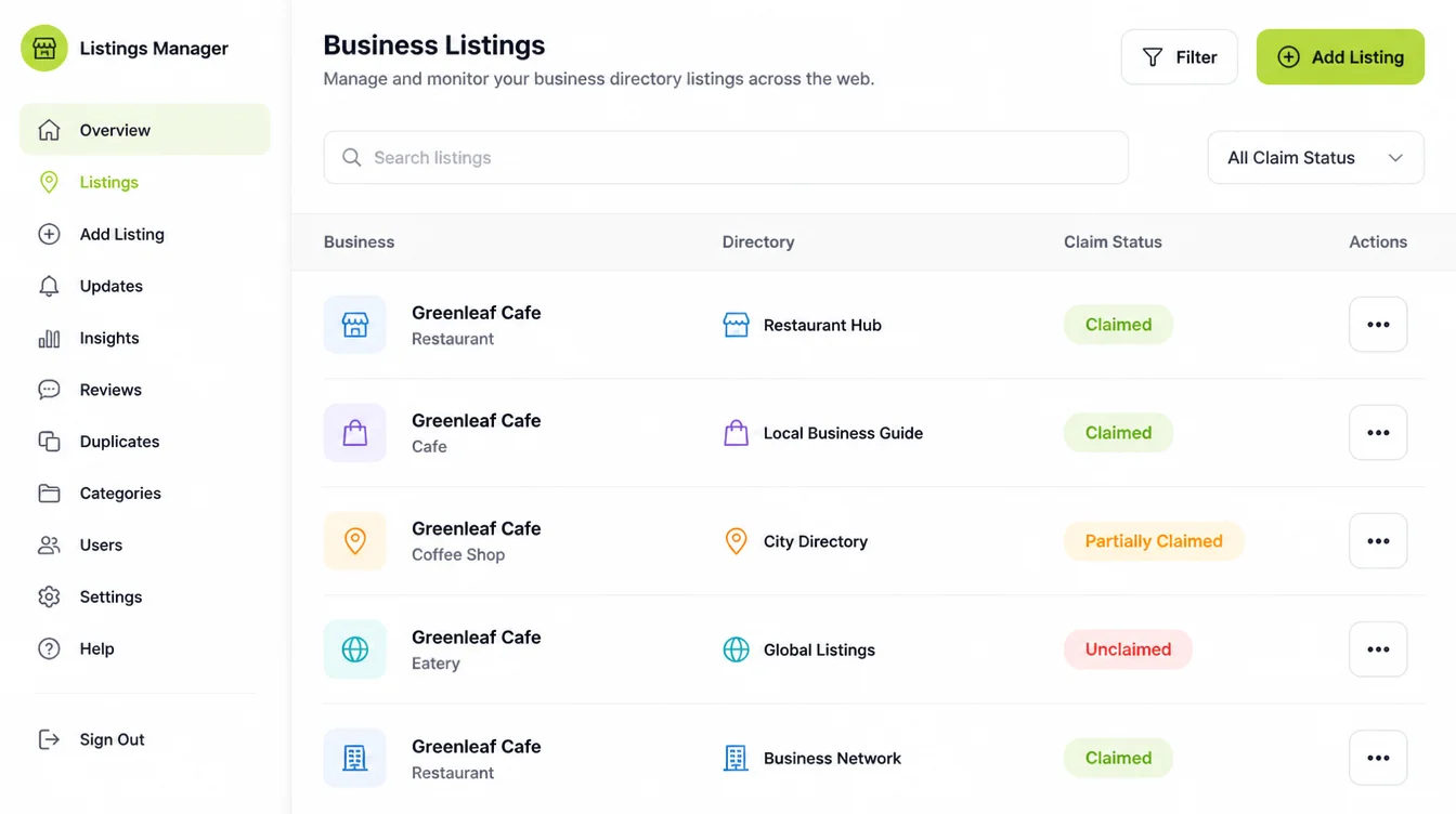 A profile manager screen listing business listings with a claim status pill on each row