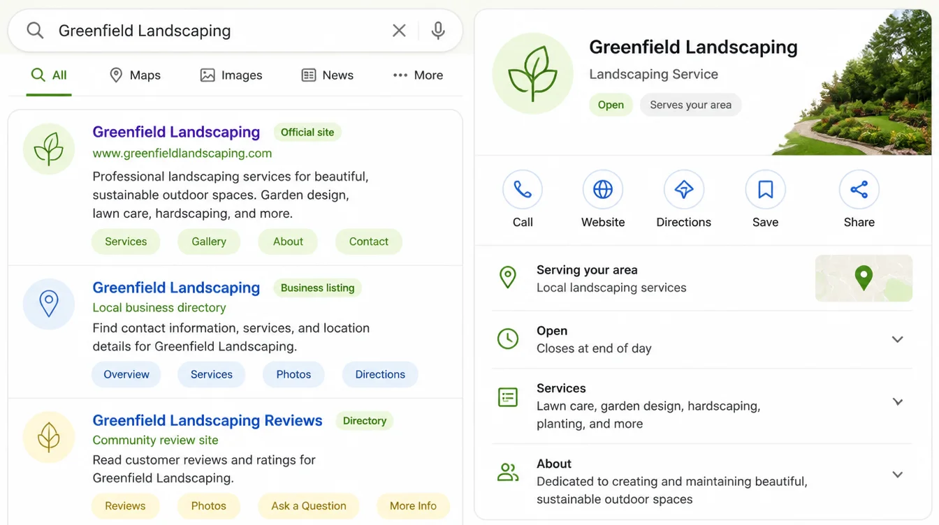 A search results screen for a business name showing its profile panel, its own website and two other listings