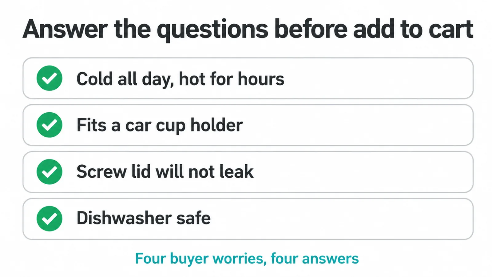 Checklist of four buyer worries answered in the bottle description.