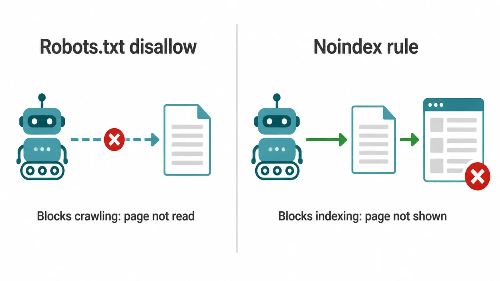A diagram contrasting blocking a crawler from reading a page versus blocking a page from appearing in search results.