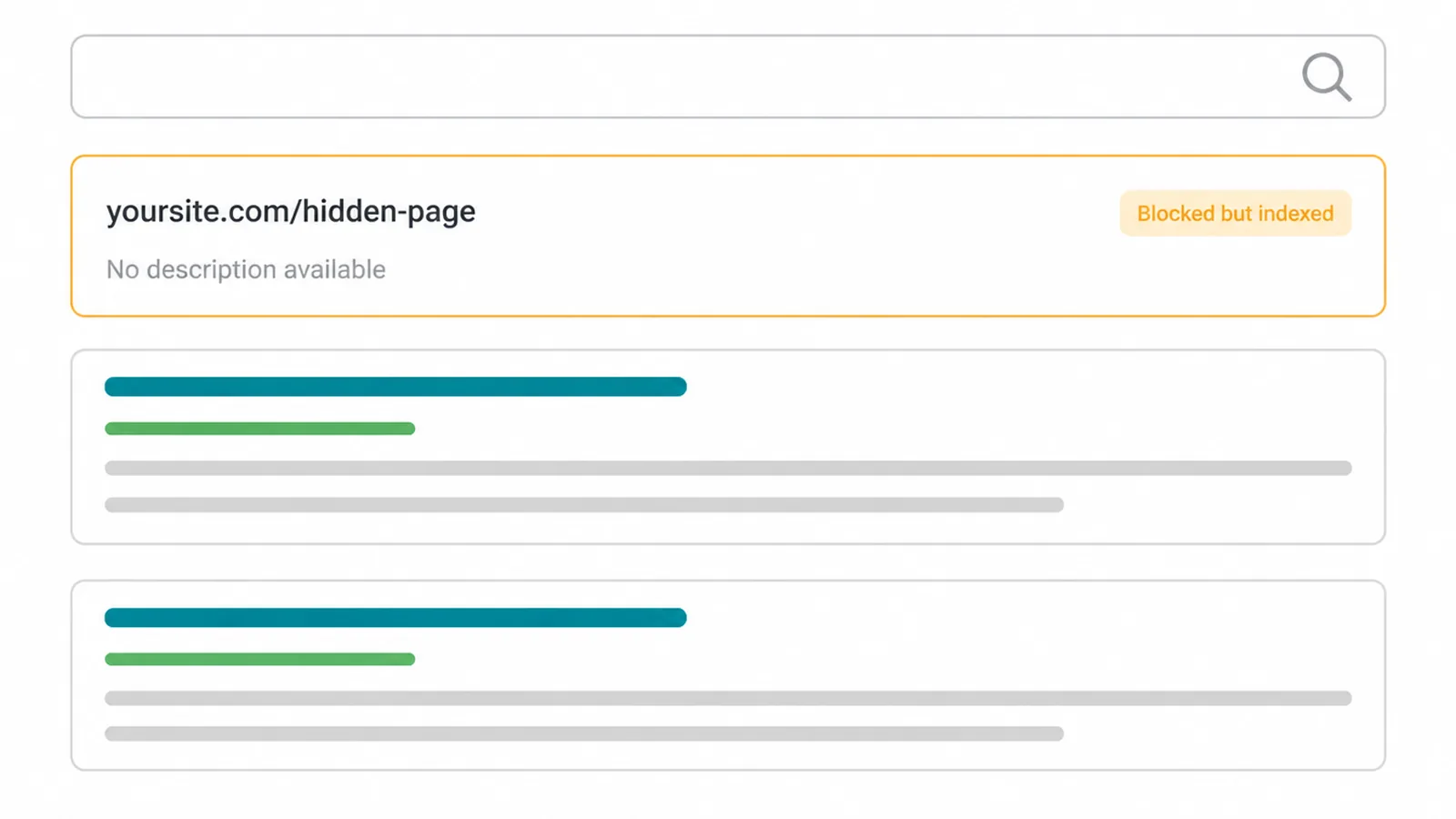 A search results mockup where the blocked page shows only a bare URL with no description.