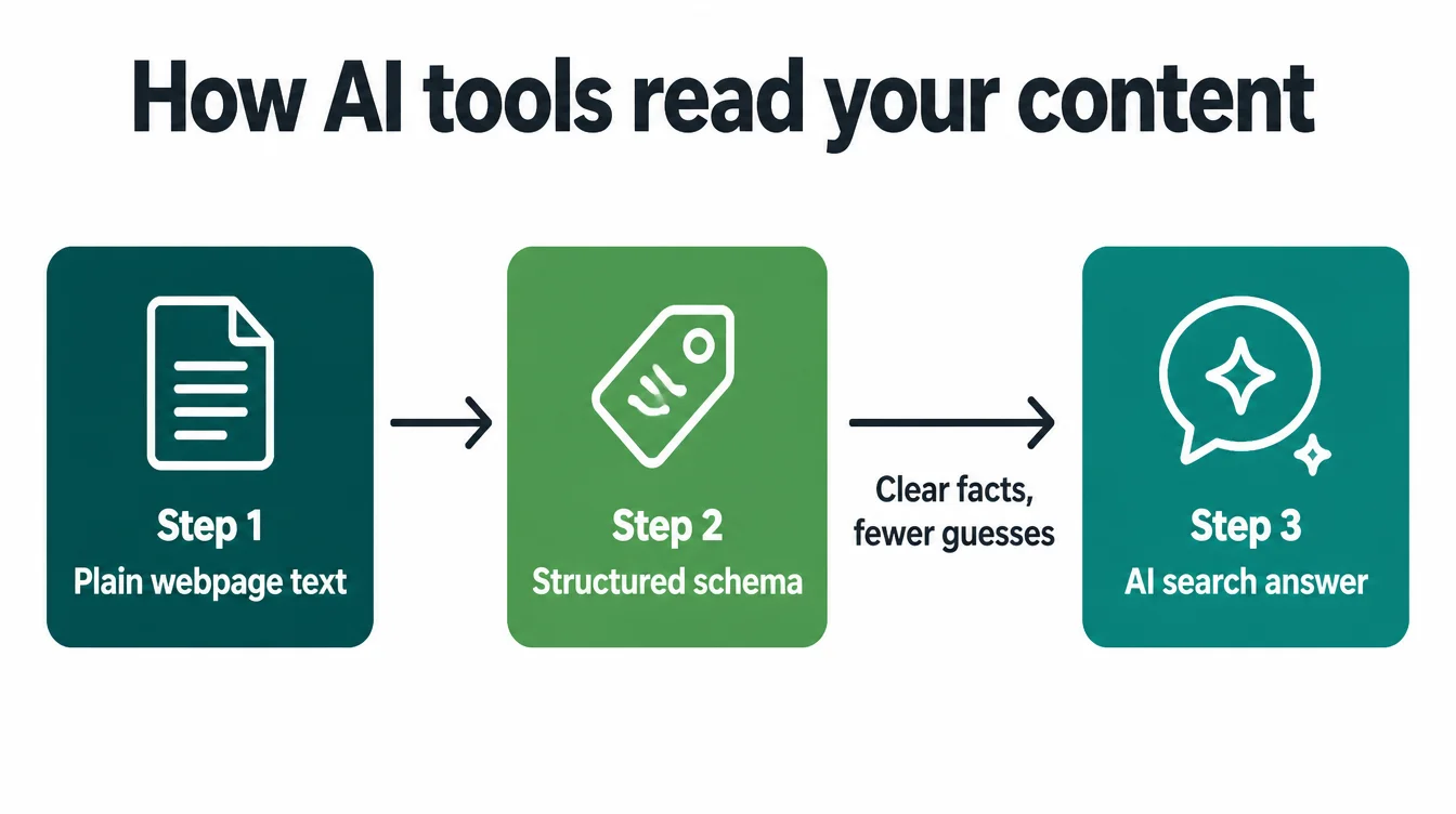 Flow diagram showing plain webpage text turned into structured schema