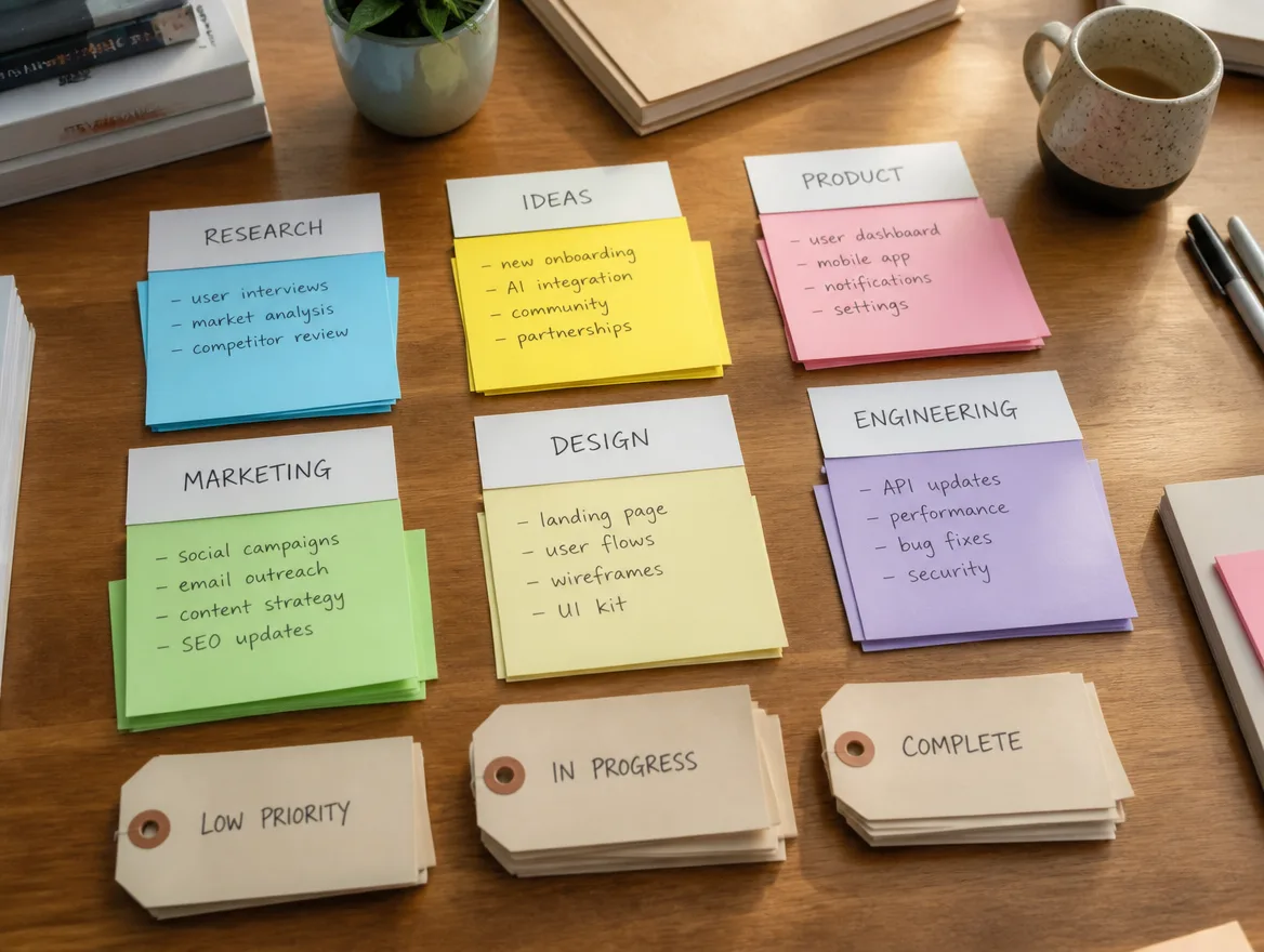 Grouped labelled tags and sticky notes arranged on a desk, sorted into clear categories.