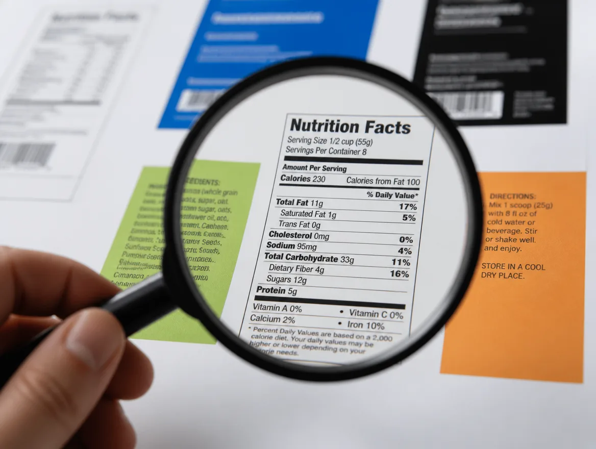 A magnifying glass held over printed product labels on paper, showing how labelling makes content easy to identify.