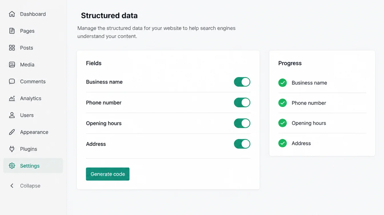 A website settings panel showing structured data toggles switched on for business name, phone number, opening hours