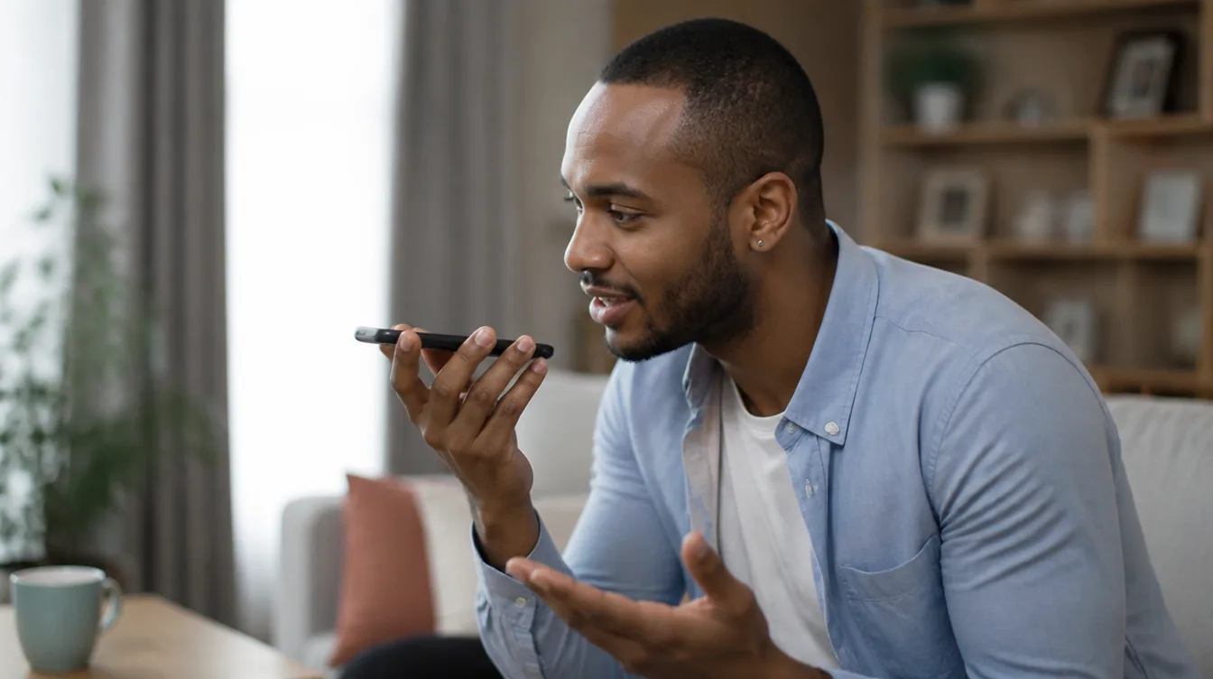 A person speaking to a phone voice assistant, the kind of AI tool that reads structured data to answer questions.