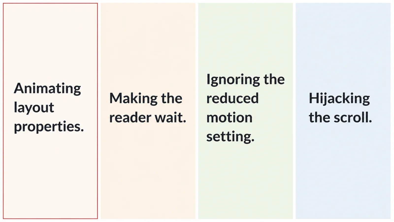 Four plain colour panels naming scroll animation mistakes, one outlined in red