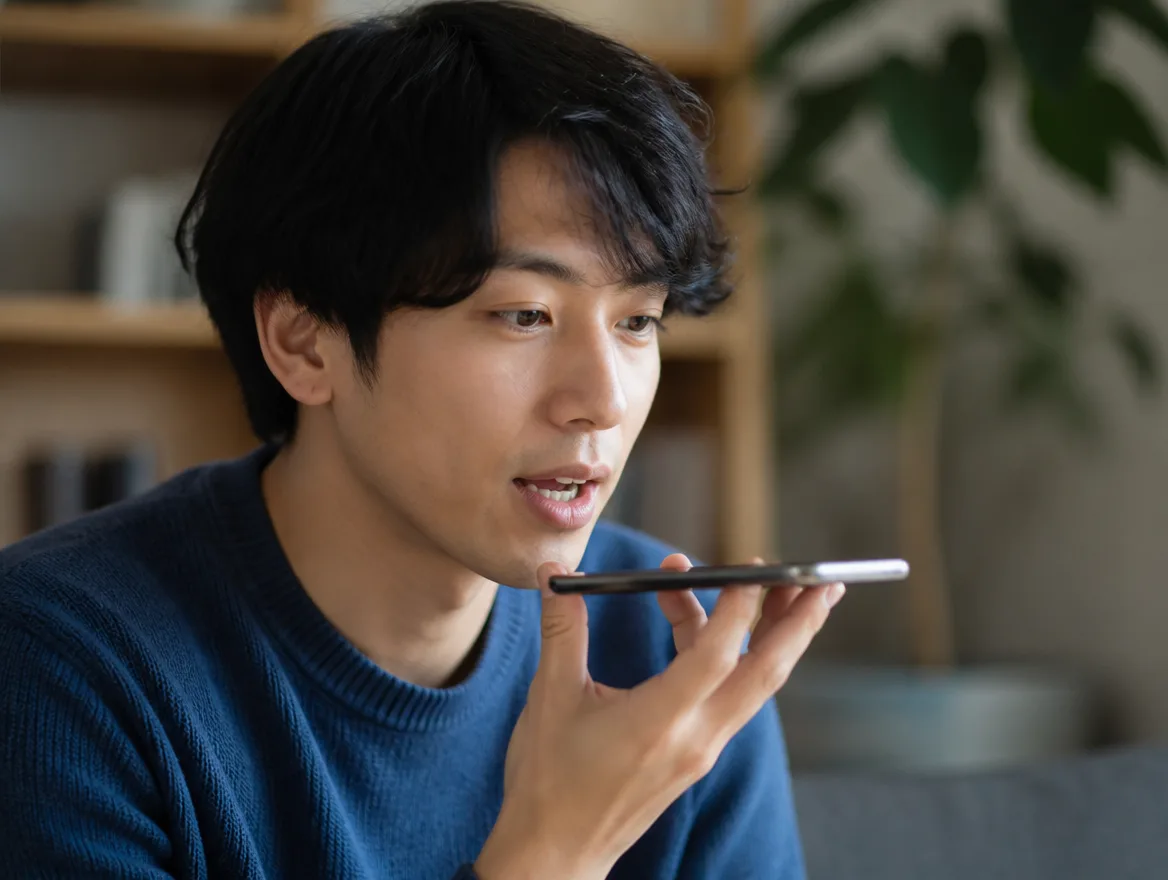A person holding a phone close and asking a question aloud to a voice or AI assistant.