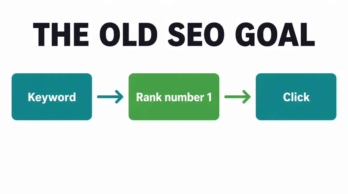 A simple flow diagram showing keyword, then rank number one, then click, the old SEO goal.