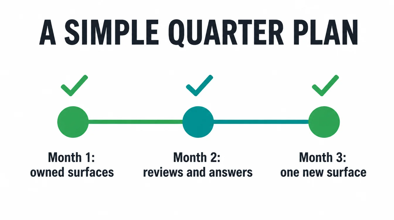 A three step timeline showing month one owned surfaces, month two reviews and answers, month three one new surface.