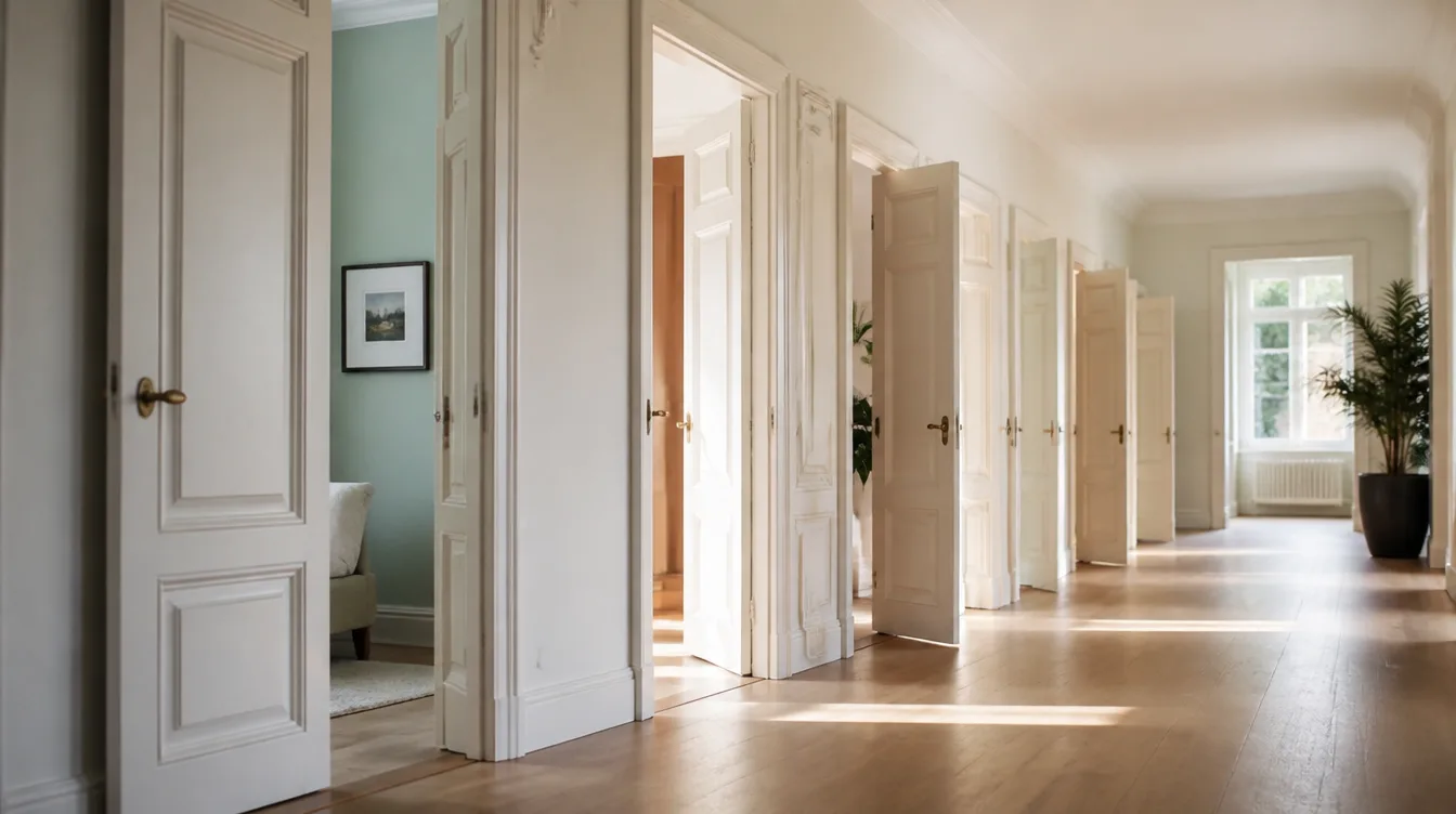 A row of open doors along a bright hallway, suggesting many places to be found.