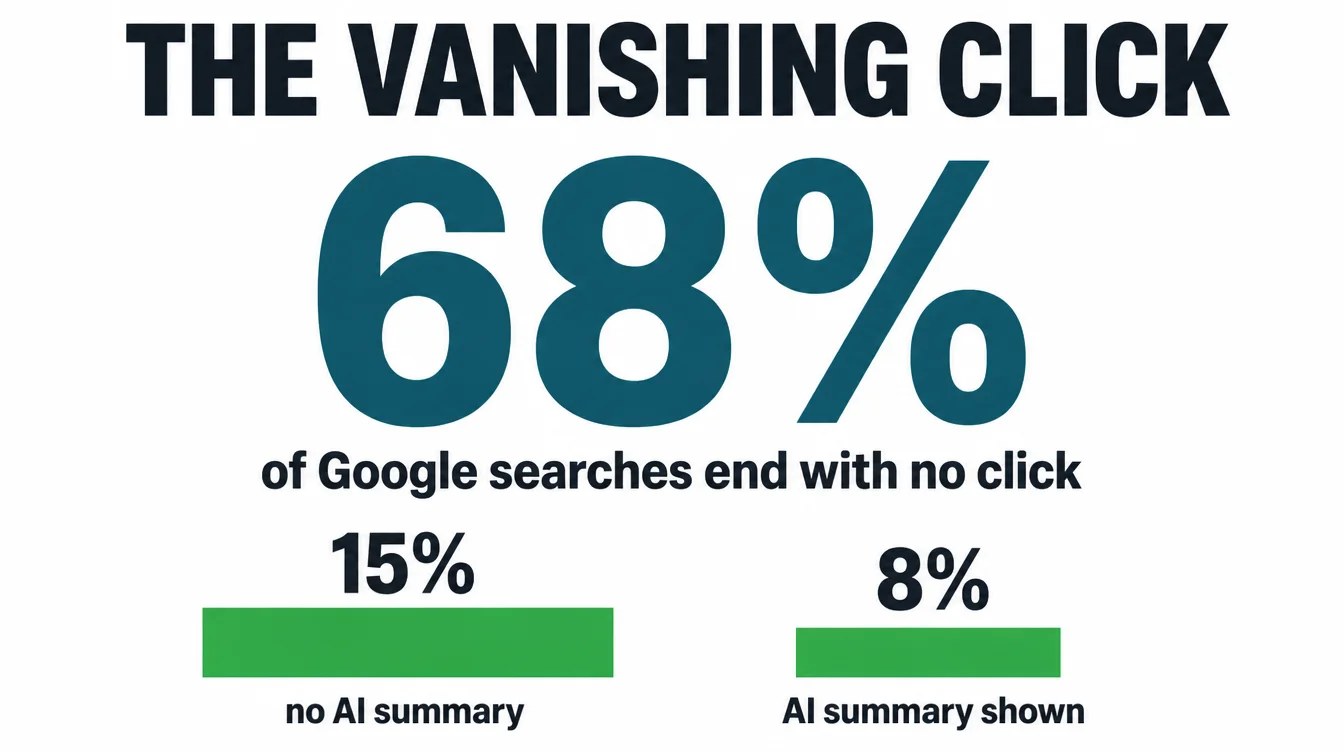 An infographic showing 68 percent of Google searches end with no click