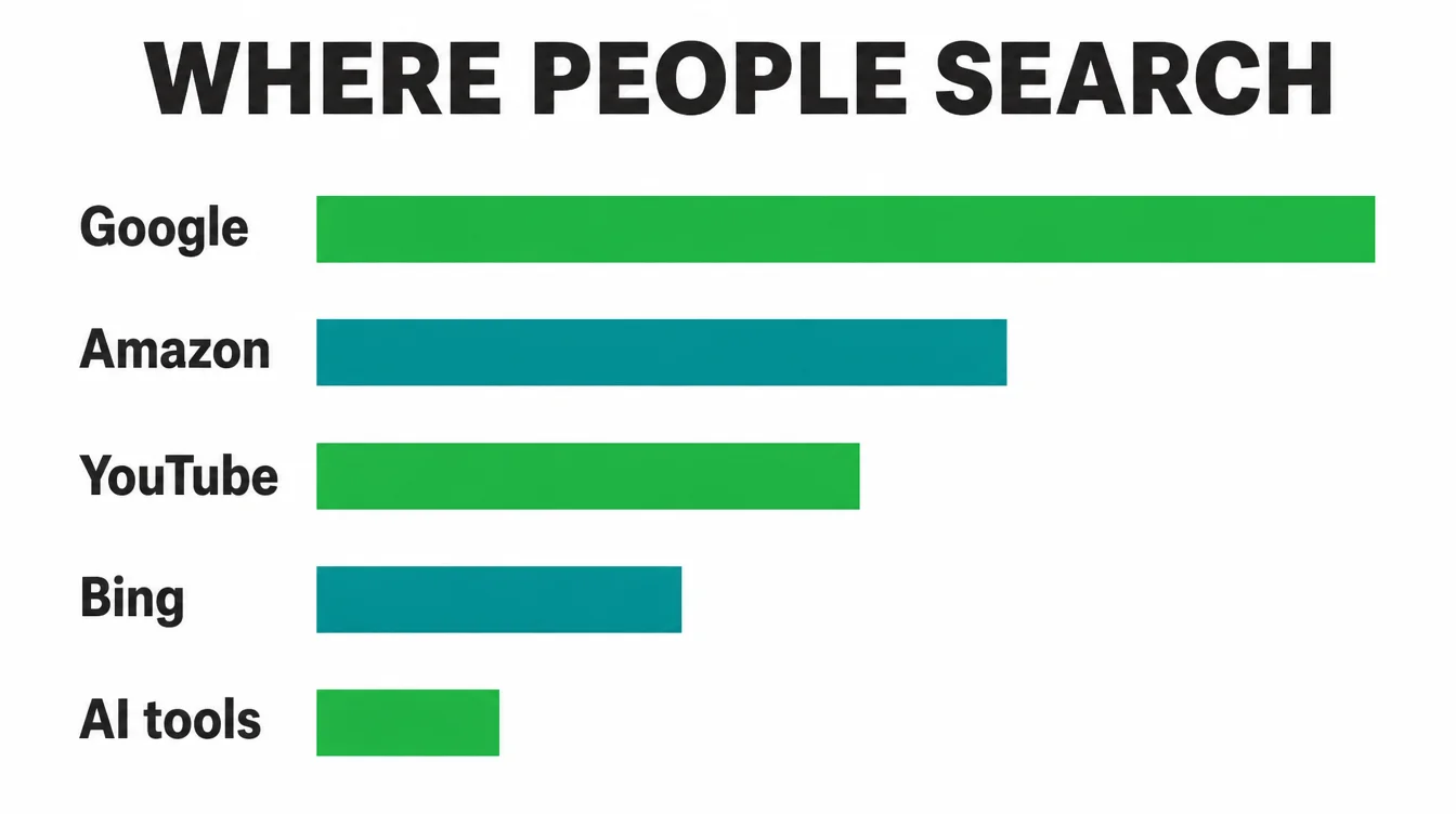 A bar chart showing where people search, with Google the longest bar followed by Amazon, YouTube, Bing, and AI tools.