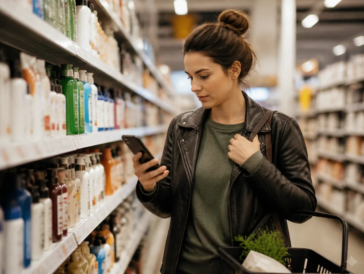 A shopper checking their phone in a store aisle while comparing products on the shelf.