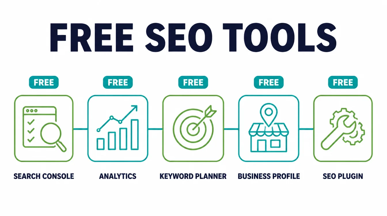 Row of five icon tiles labeled Search Console, Analytics, Keyword Planner, Business Profile, and SEO Plugin, each tagged free