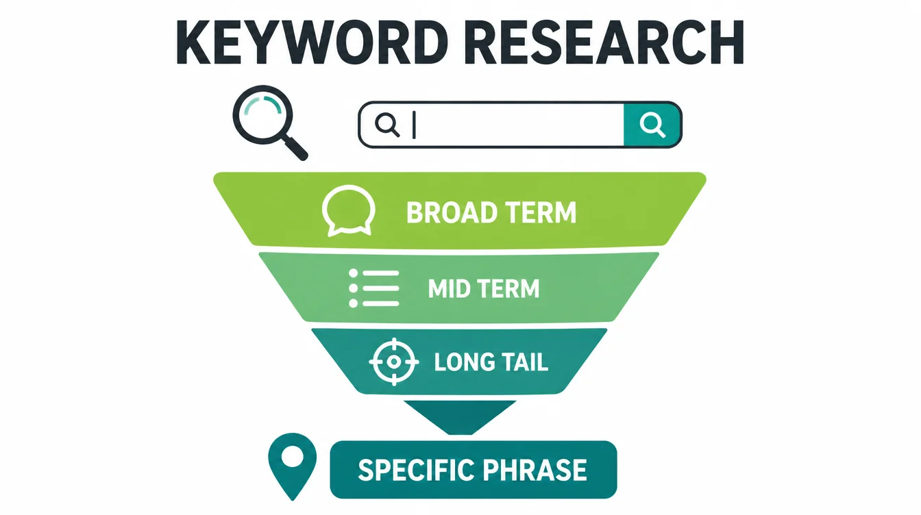 Funnel diagram narrowing a broad search term down to a specific local long tail phrase