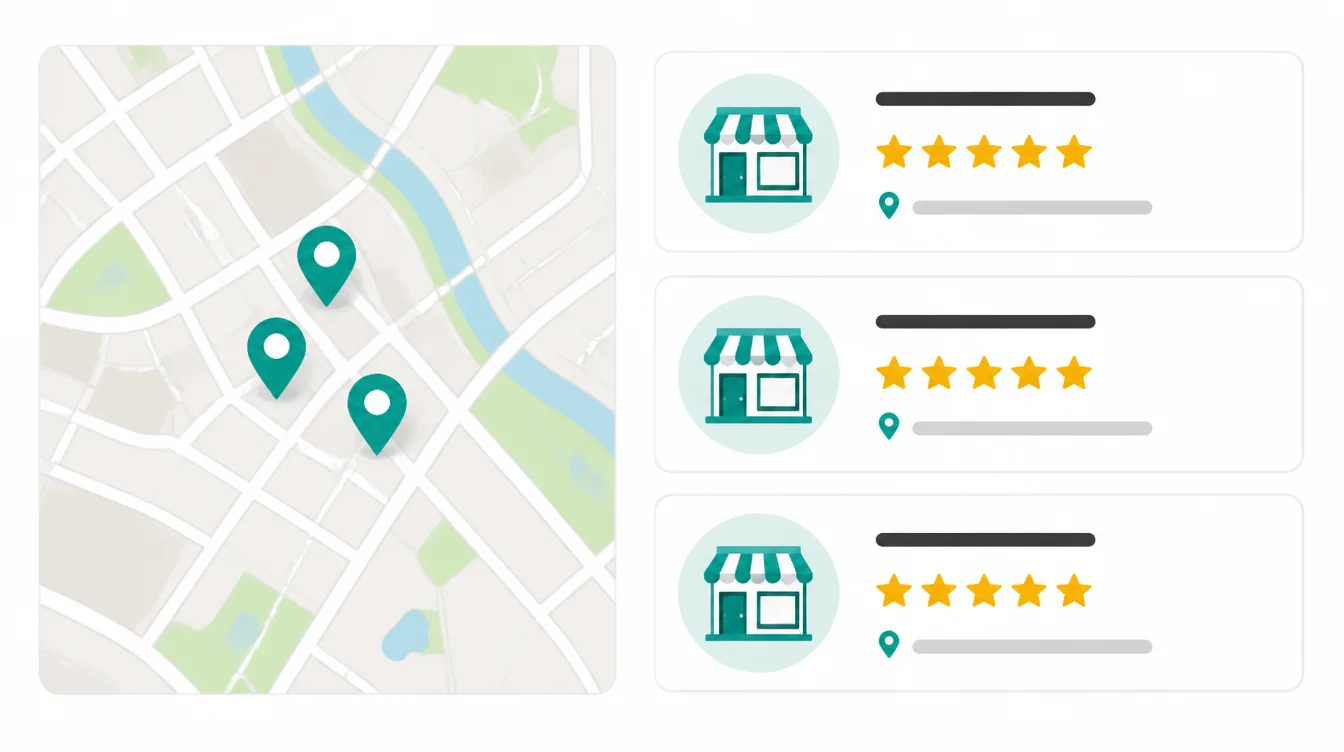 Map with three clustered location pins next to three business listing cards showing star ratings and addresses
