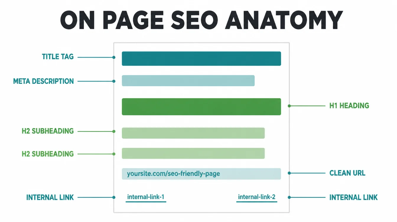 Labeled diagram of a webpage showing the title tag, meta description, heading tags, clean URL, and internal links