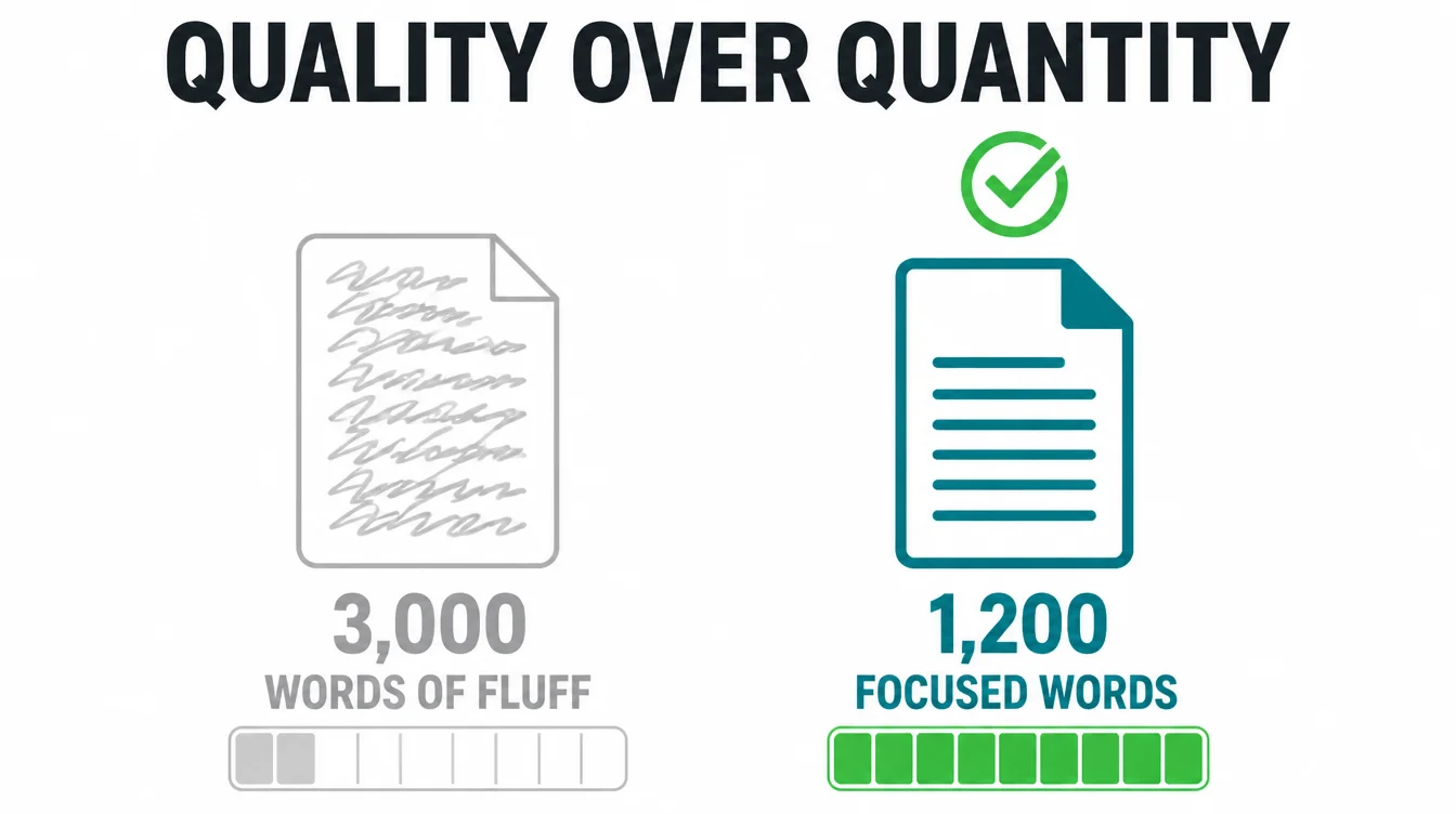 Comparison of a messy 3,000 word filler document against a clean, focused 1,200 word document with a full quality meter