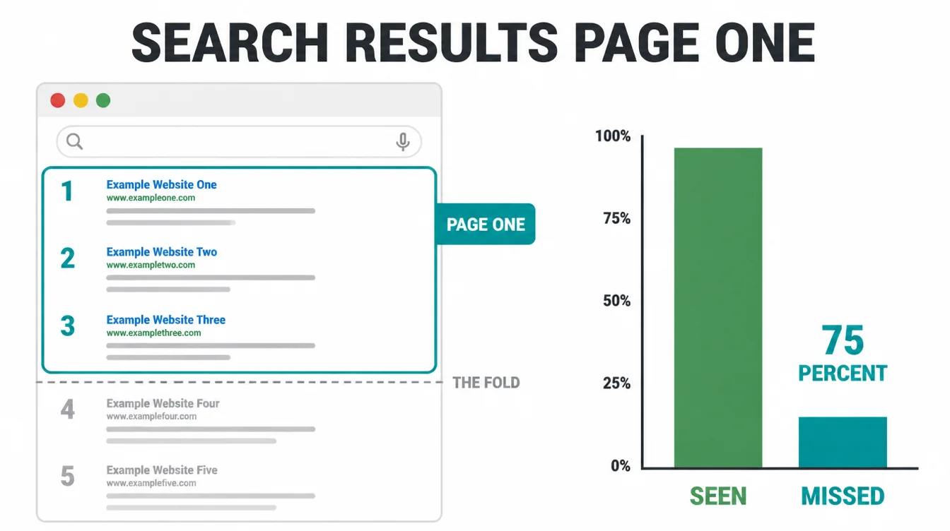 Search results with the top three sites boxed as page one, beside a seen versus missed traffic chart