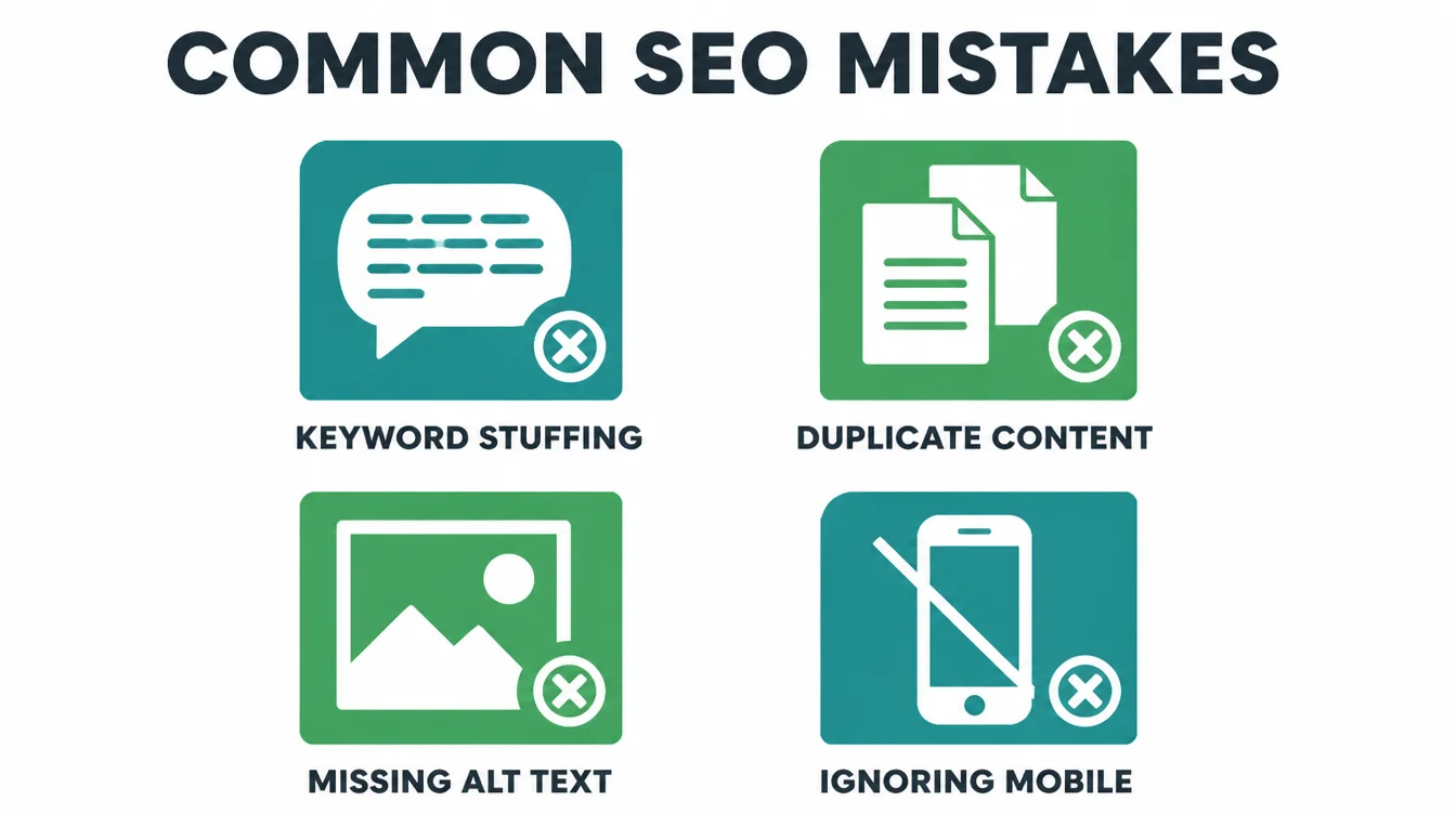 Four crossed-out icons representing keyword stuffing, duplicate content, missing alt text, and ignoring mobile users