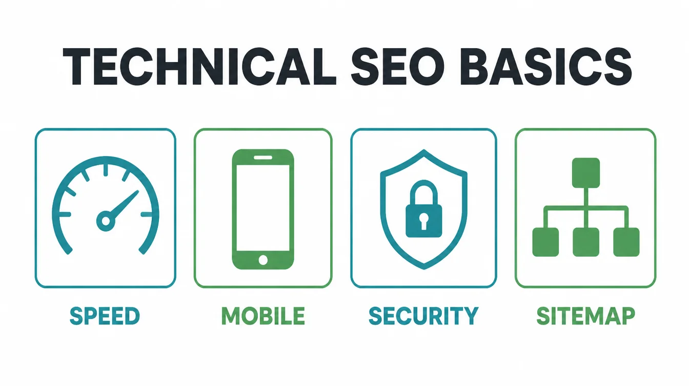 Four icon tiles labeled speed, mobile, security, and sitemap representing the pillars of technical SEO