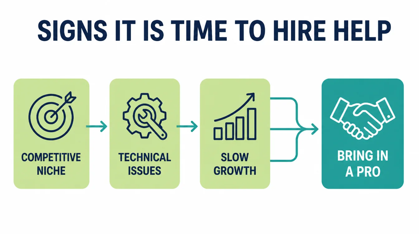 Process flow diagram showing three signs, competitive niche, technical issues, and slow growth, leading to bring in a pro