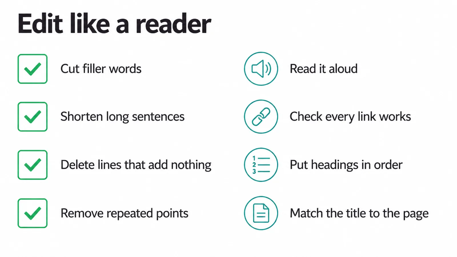 Editing checklist: cut filler, shorten sentences, read aloud, check links, order headings.